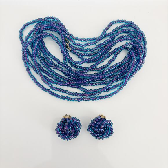 Vintage Marvella Clip Earring and Double Necklace Set Blue - Picture 1 of 13